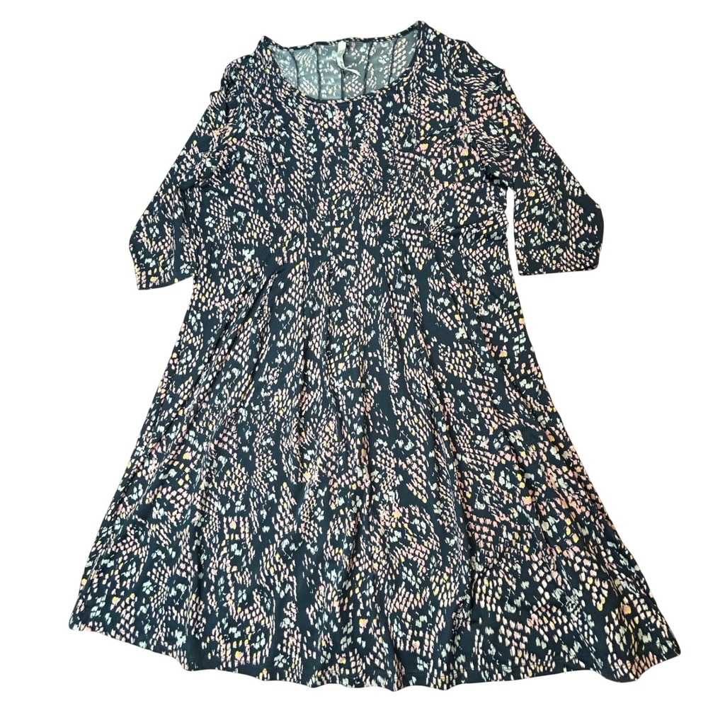 NY Collection Woman Navy Pink Abstract Print 3/4 Sleeve Fit Flare Dress